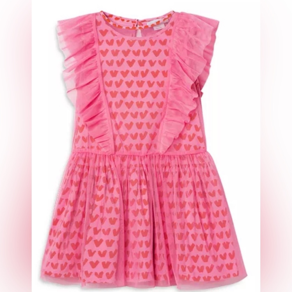 Stella McCartney Heart Print Tulle Overlay Knit Heart Pattern Dress, Size 14